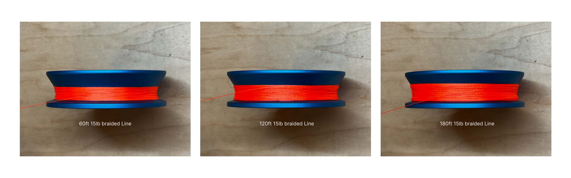 Three GoReels showing 60ft, 120ft, and 180ft of 15lb braided line capacity